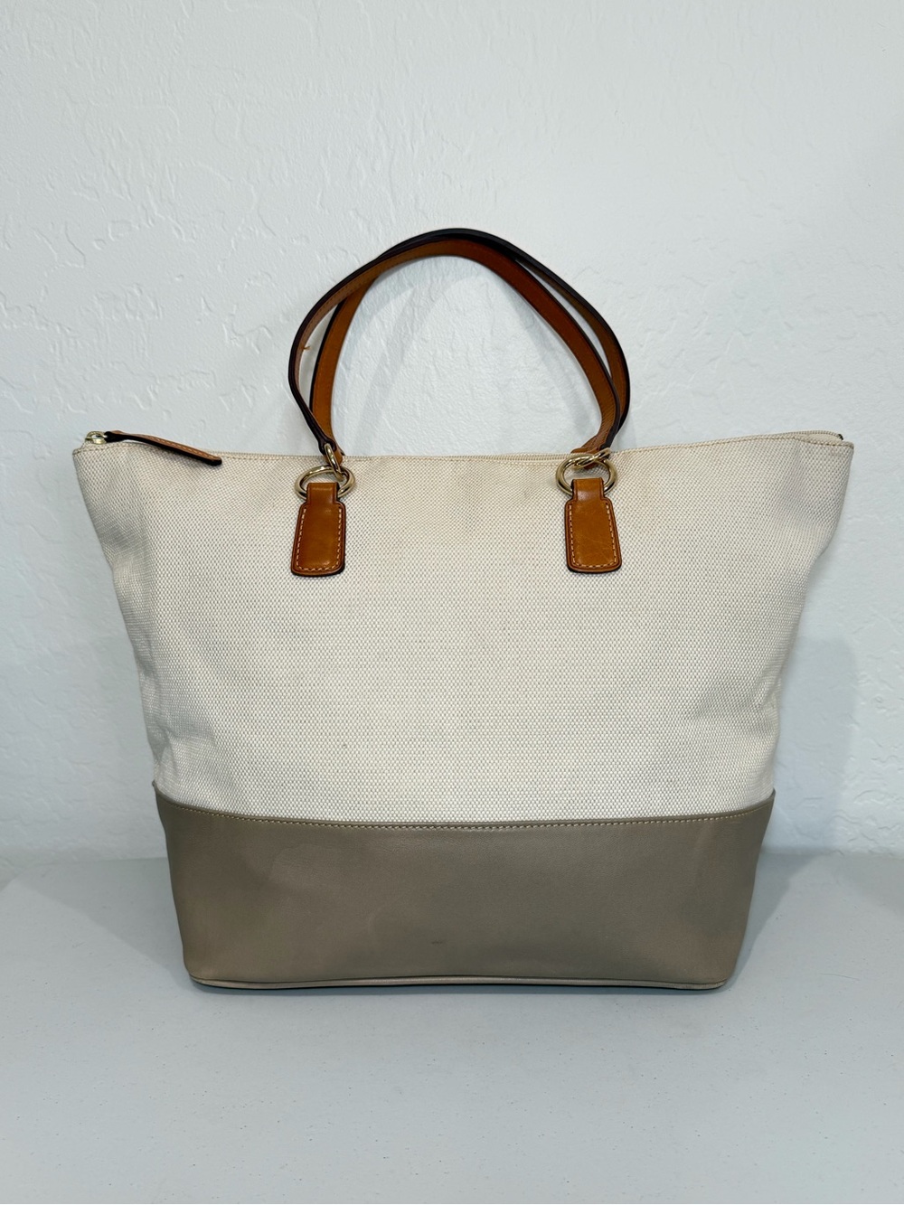 Dooney & Bourke Canvas & Leather Two-Tone Tote Bag in Cream and Taupe